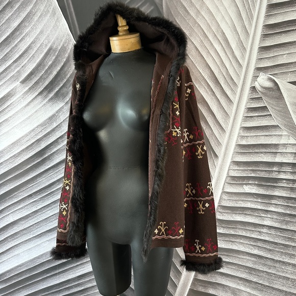 Bohemian Boho L Sweater Cardigan Shacket Merino Wool Rabbit Fut Brown Red Gold - Picture 14 of 16